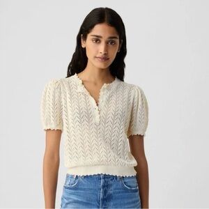 NWT DÔEN x GAP Linen-Blend Pointelle Short Sleeve Knit Top